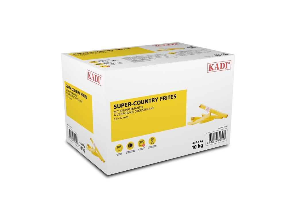Kadi Super Country Frites 12 x 12 mm, avec pelure, à l'enrobage croustillant 4 x 2,500g =10kg