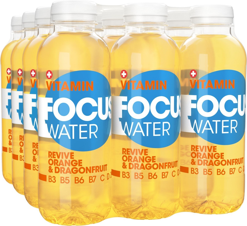 FOCUSWATER REVIVE Orange &amp; Drachenfrucht Tray 12 x 0.5 l Bouteille PET jetable