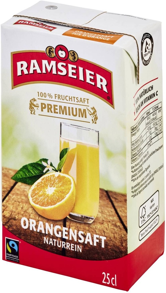 Ramseier MH premium 100% Jus d'orange Carton 27 x 0,25 l Tetra Pack jetable