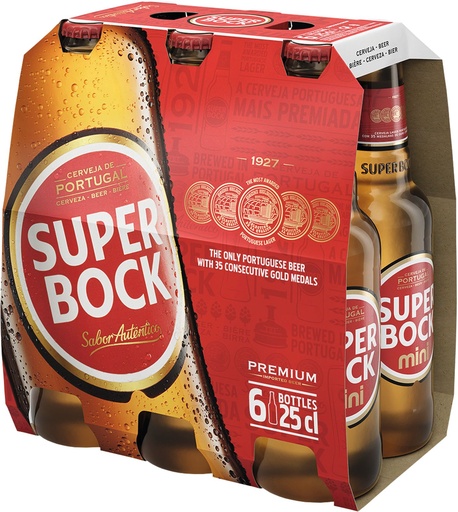 [31357] Super Bock Biére Alc. 5.2 % Vol. Tray 4 x 6 x 0,25 l Bouteille Verre jetable